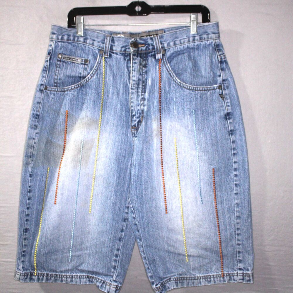 Noiz Jeans Baggy Shorts High Rise Size 34 Embroidered Logo Light Wash Faded